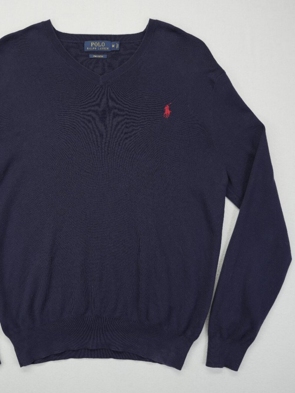 Polo Ralph Lauren Pullover Navy Sweater V Neck Medium Pima Cotton Ribbed Hem